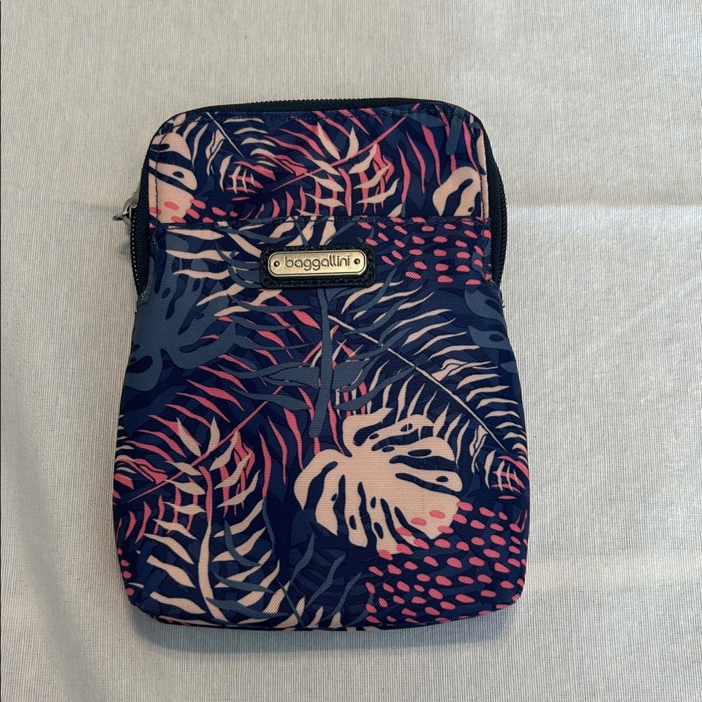Baggallini Navy and Pink Leaf Print Pouch